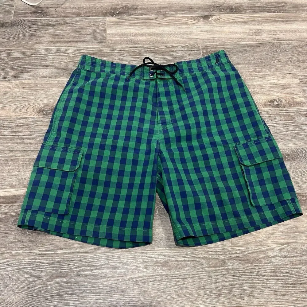 Nautica Swim Trunks Men's 36 Red Plaid Swimwear Cargo Drawstring Board Shorts
